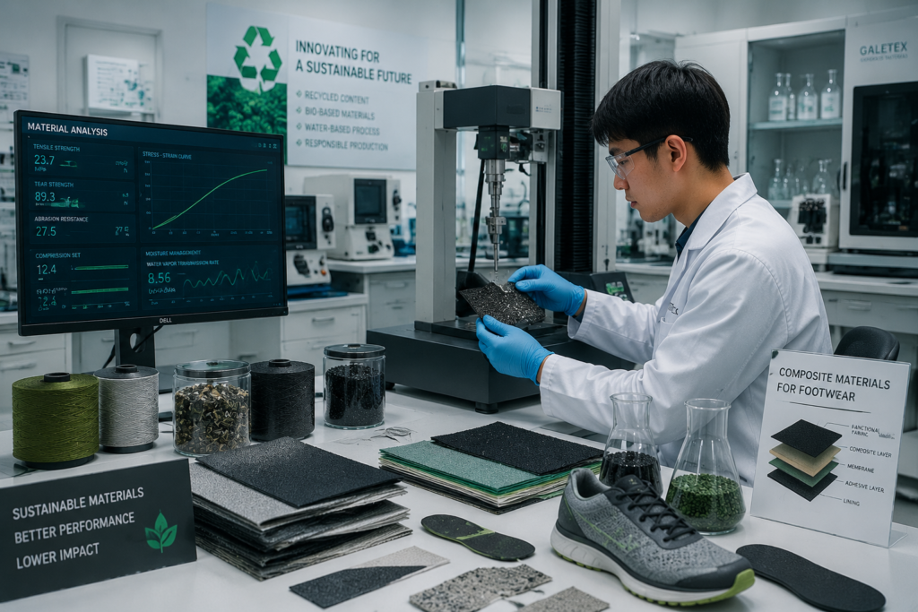 Engineer testing Sustainable Footwear Materials using advanced digital equipment to evaluate composite material performance and durability