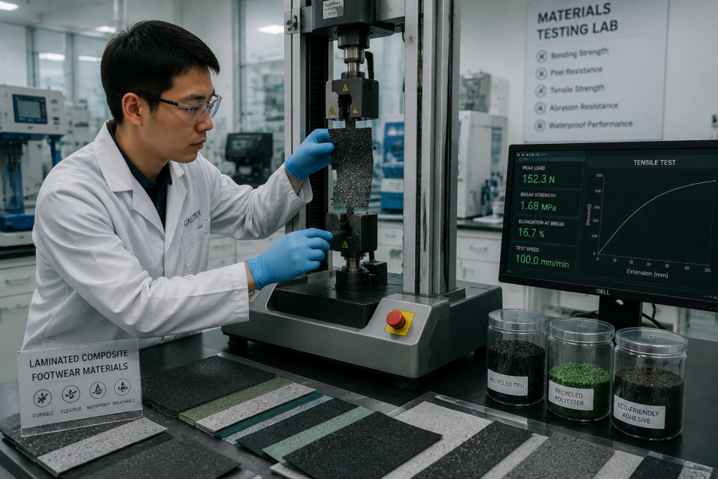 Engineer performing quality testing to identify and prevent Common Lamination Defects in composite shoe materials