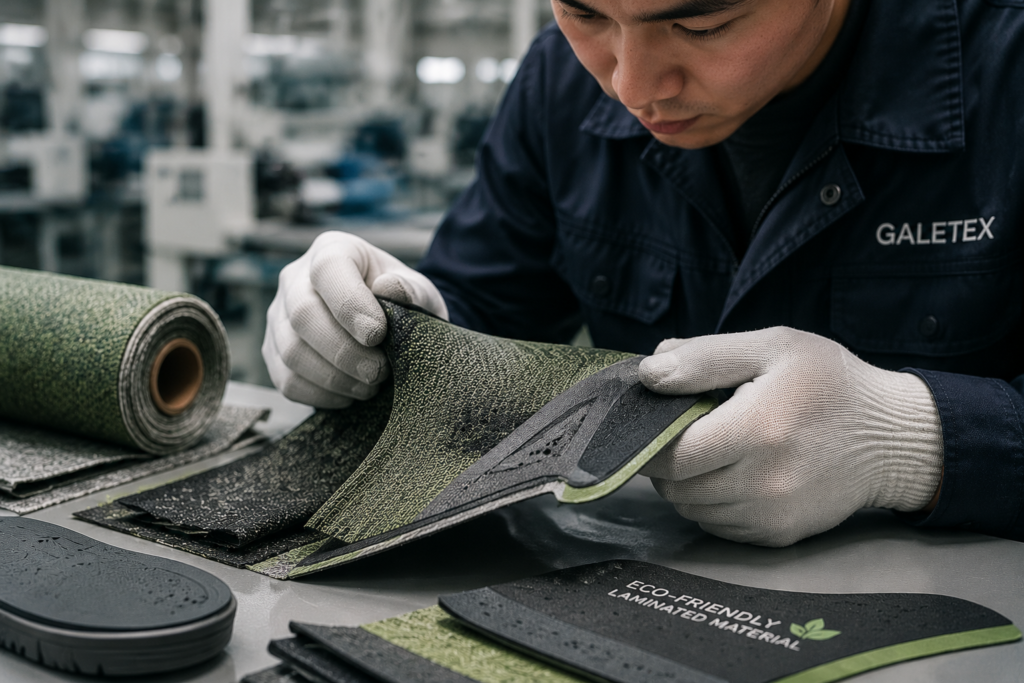 Worker inspecting Sustainable Footwear Materials during eco-friendly laminated shoe upper manufacturing in a professional footwear factory