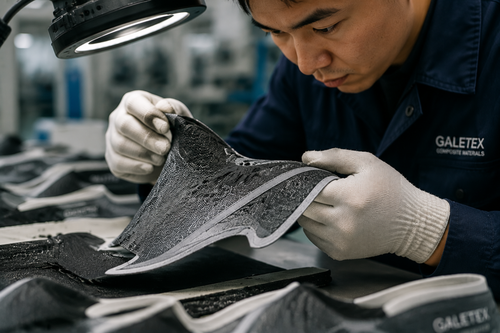 Worker inspecting laminated composite shoe materials during final quality control to prevent lamination defects