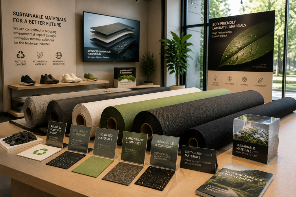 Sustainable Footwear Materials including eco-friendly composite fabrics, recycled textile rolls, and advanced shoe materials displayed in a modern showroom