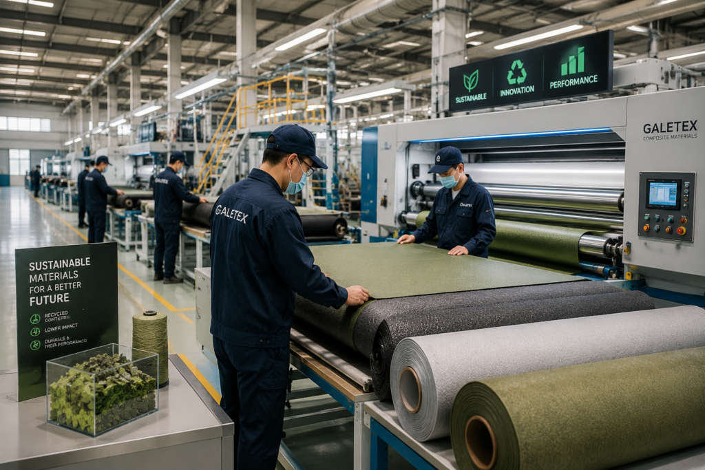 Sustainable Footwear Materials production line with workers inspecting eco-friendly laminated composite fabrics in a modern footwear factory