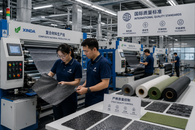 Modern footwear material production line with engineers inspecting composite shoe fabrics for global footwear manufacturing supply chains