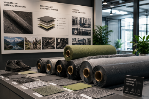 Waterproof Shoe Materials display featuring premium waterproof laminated fabrics and technical textile rolls for outdoor footwear manufacturing