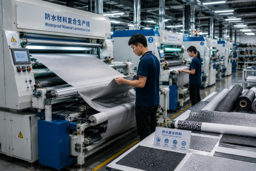 Waterproof Shoe Materials production line with workers inspecting laminated composite fabrics in a modern footwear material factory