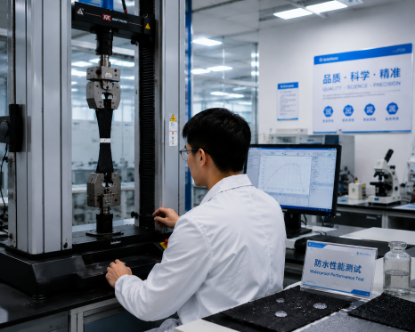 Engineer testing Waterproof Shoe Materials using laboratory equipment to evaluate waterproof performance and durability
