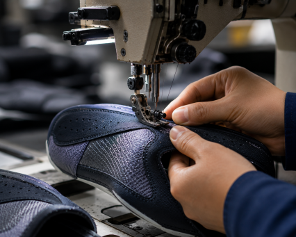 Worker inspecting Waterproof Shoe Materials during laminated shoe upper manufacturing in a professional footwear factory