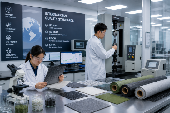 Footwear materials laboratory with engineers testing composite shoe fabrics using digital equipment for international quality standards