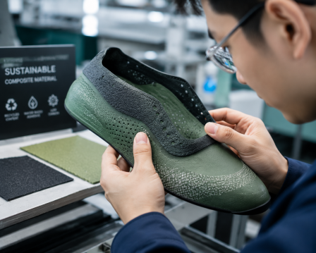 Engineer inspecting premium composite shoe materials in modern footwear factory for international footwear supply chain quality control