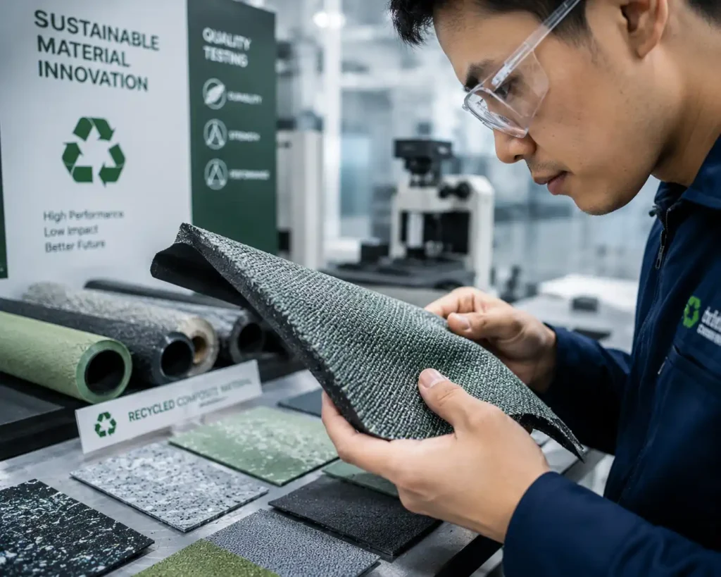 Engineer inspecting recycled composite shoe materials in sustainable footwear factory