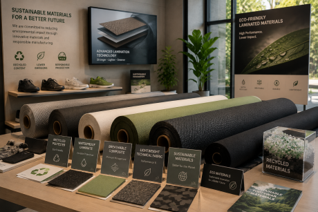 Advanced Lamination Technology displaying sustainable laminated shoe materials and eco-friendly composite footwear fabrics in a modern material showroom