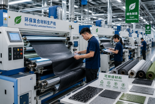 Advanced lamination production line with workers inspecting eco-friendly laminated composite shoe materials in a modern footwear factory