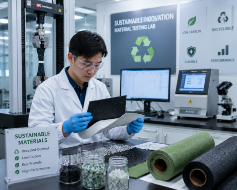 Engineer testing laminated composite shoe materials using digital equipment to evaluate Advanced Lamination Technology performance