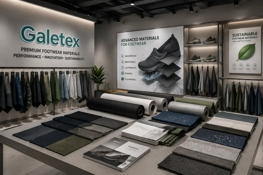shoe upper materials manufacturer displaying premium composite footwear fabrics and laminated textile materials