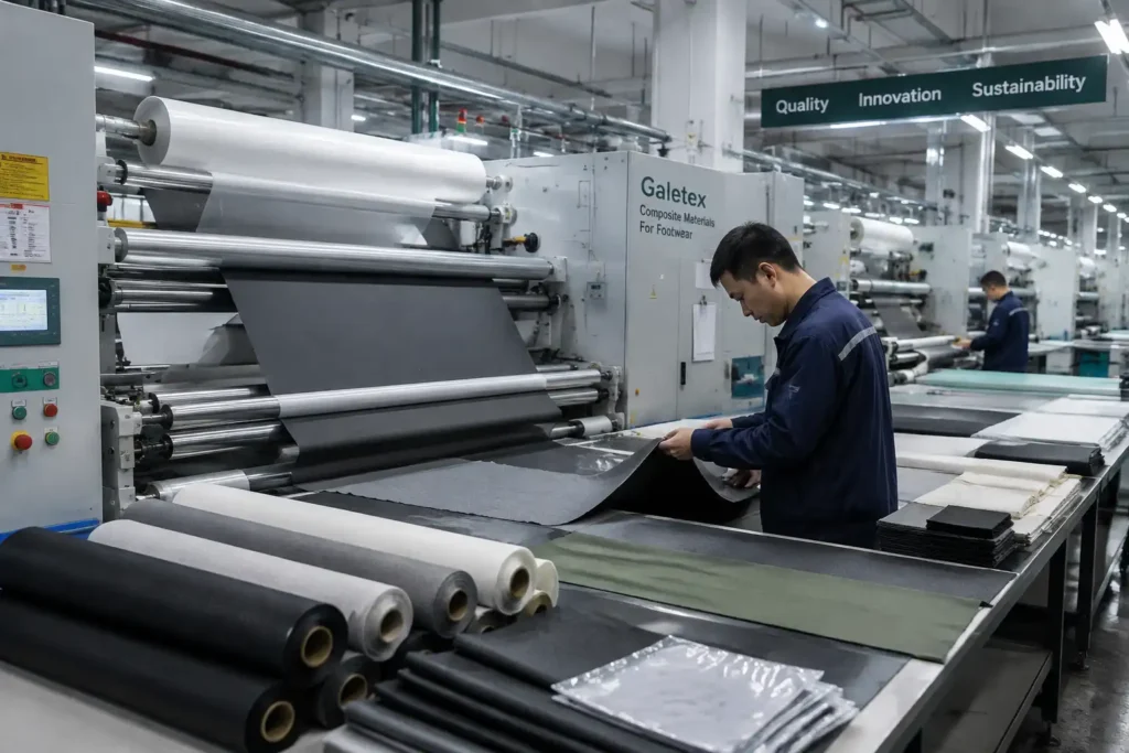 shoe upper materials production line with workers inspecting composite footwear fabrics