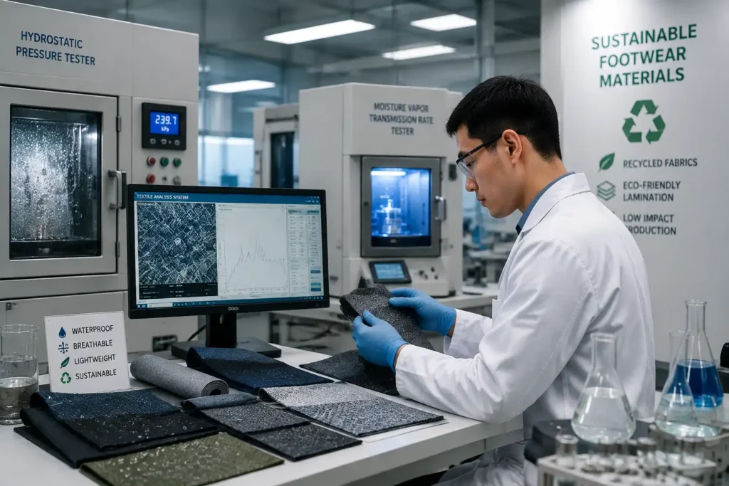 engineer testing composite shoe upper materials using digital footwear material analysis equipment