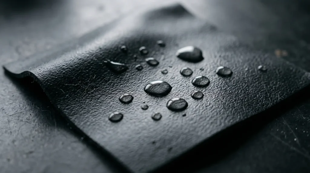 Water droplets on a black PU waterproofing membrane material