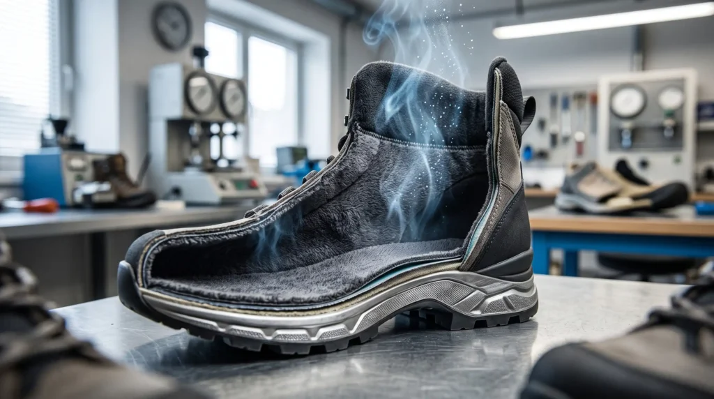 Cross-section of a hiking boot showing the premium waterproof shoe lining inside
