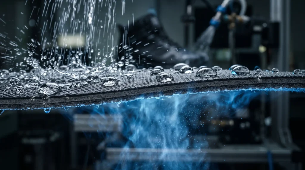 High-performance waterproof breathable fabric blocking rain while allowing moisture vapor to escape