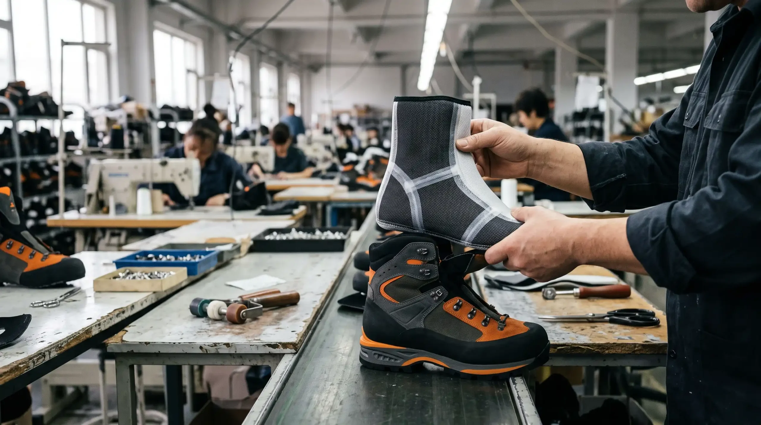 Footwear engineer assembling a 3D waterproof bootie construction liner into a hiking boot.