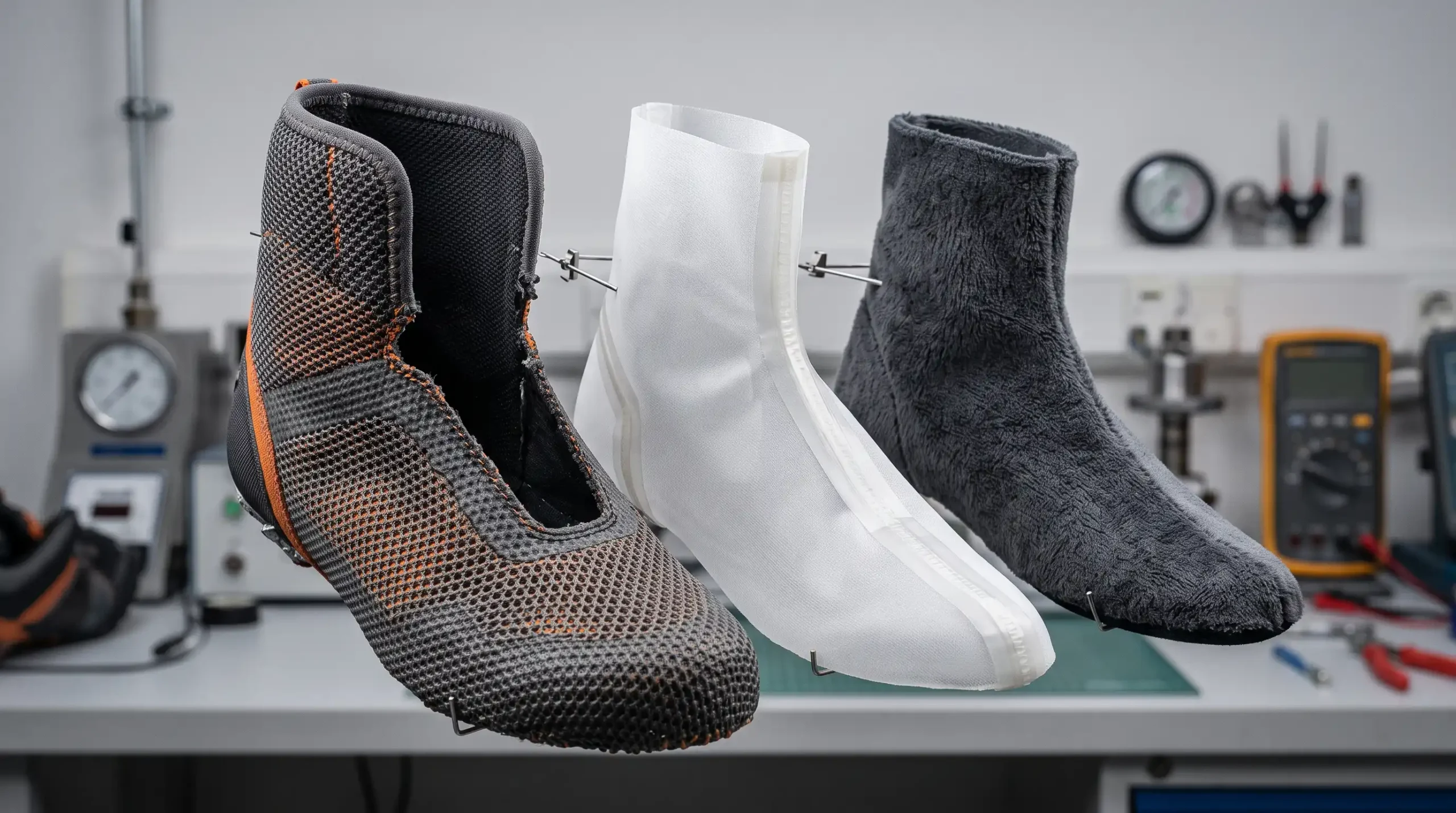 Layered structure of a waterproof bootie construction showing outer mesh, membrane, and tricot lining
