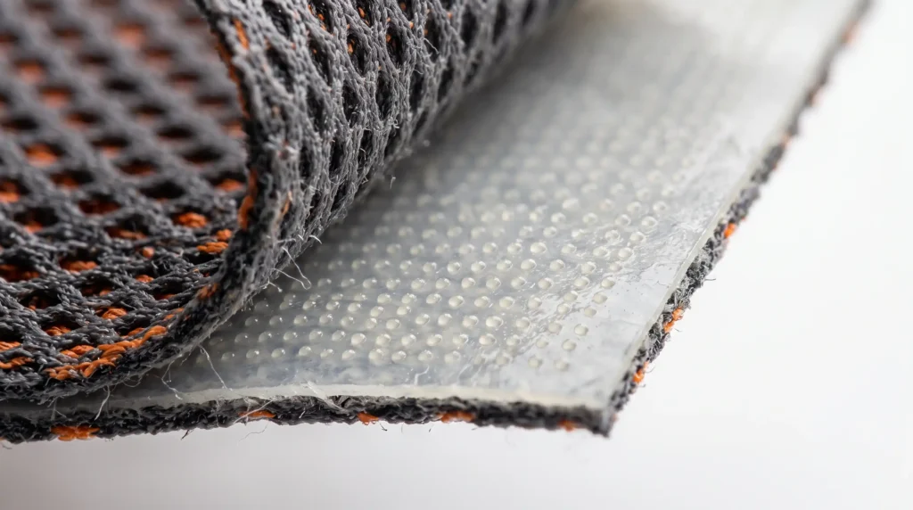 Macro view of PUR dot lamination glue between shoe mesh and waterproof membrane