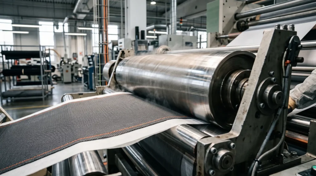 Advanced PUR hot-melt lamination machine processing composite shoe materials in a factory.