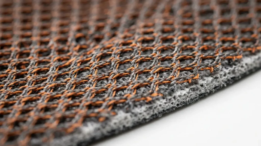 Laminated composite shoe upper materials with breathable nylon mesh.