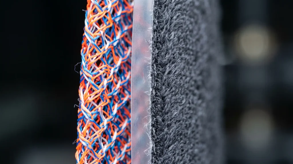 Cross-section of a running shoe upper featuring a laminated TPU membrane
