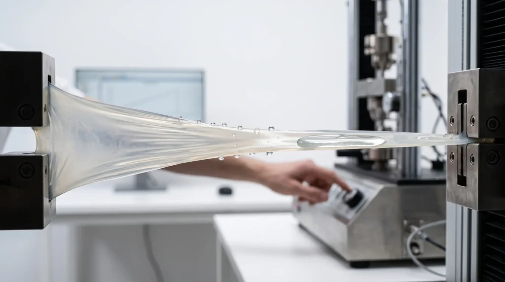 Highly elastic translucent TPU membrane being stretched in a footwear testing laboratory