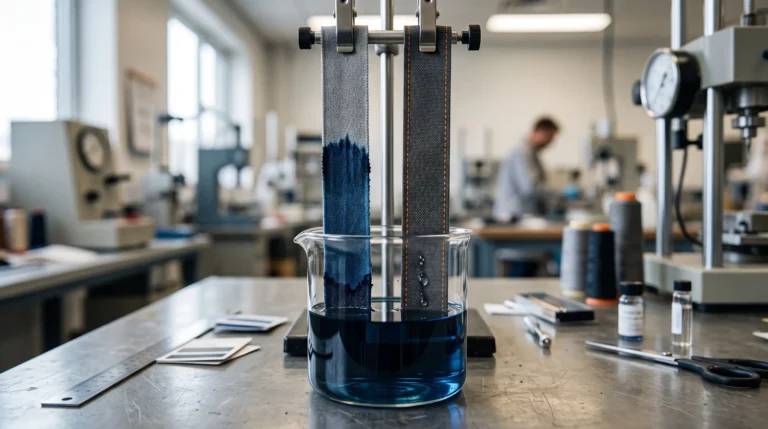 Anti-wicking shoe materials undergoing a vertical capillary water test in a footwear lab