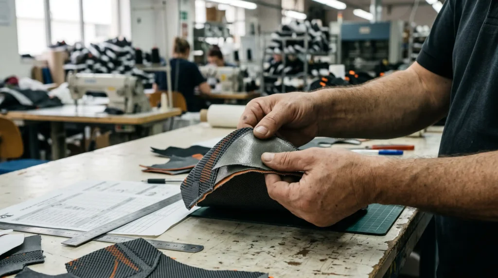 Worker inspecting laminated shoe upper materials with a PU membrane in a factory.