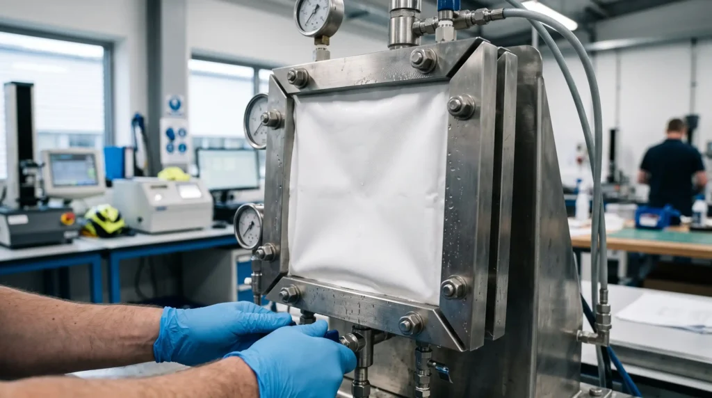 PTFE membrane material undergoing hydrostatic pressure testing in a footwear laboratory.