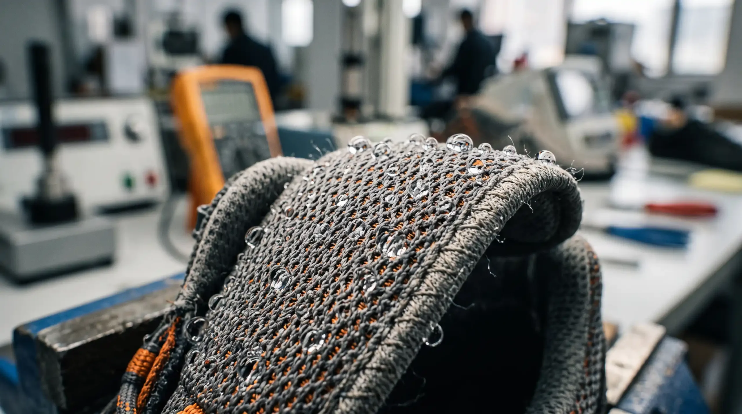 Water droplets beading off hydrophobic anti-wicking shoe materials and threads on a hiking boot.