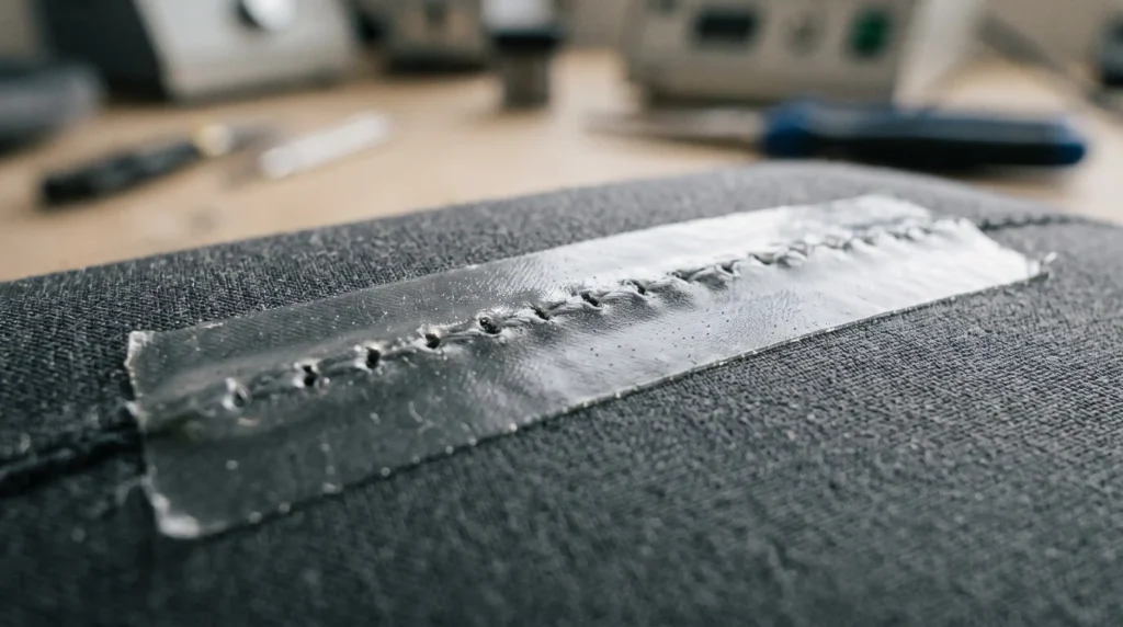 Extreme macro close-up of seam sealing tape covering stitched threads on a waterproof shoe membrane.