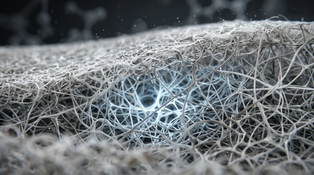 Microscopic pore structure of a waterproof breathable fabric membrane.