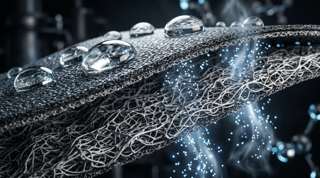 Microscopic view of PTFE membrane blocking water droplets while allowing vapor to pass.