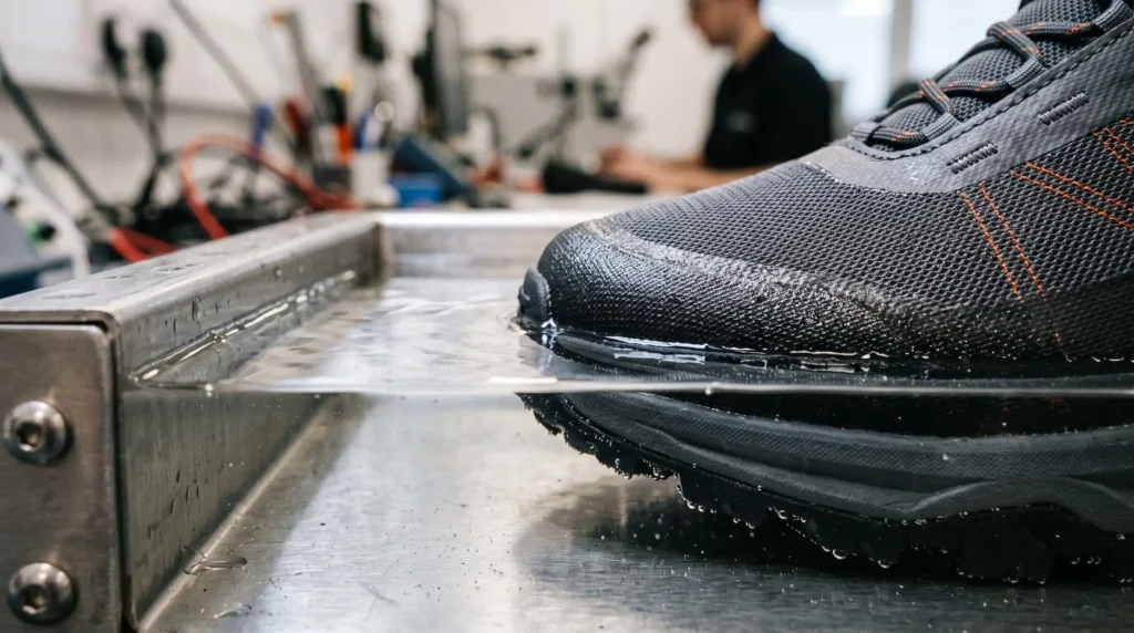 Close-up of water level during a footwear water resistance flex test