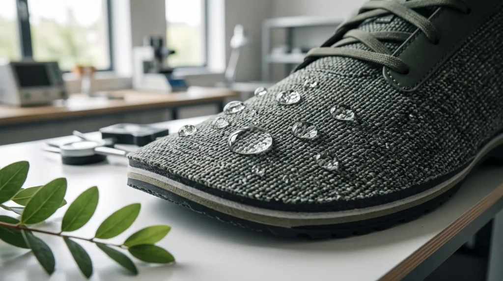 Eco-friendly fluorine-free waterproof fabric repelling water in a footwear laboratory