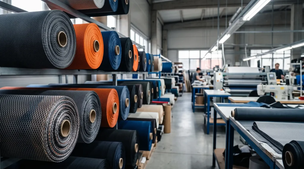 Rolls of technical shoe upper materials for footwear manufacturing.