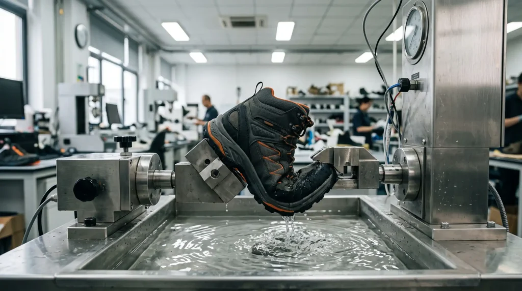 A finished shoe undergoing a dynamic footwear water resistance test in a laboratory flexometer